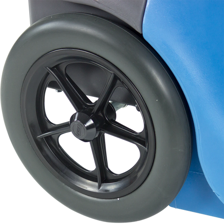 Close-up of a Driizair 1200 dehumidifier black wheel on a blue vehicle