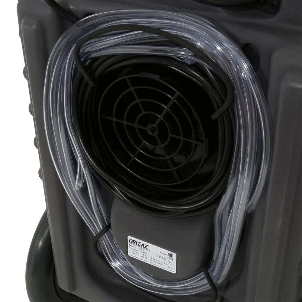 Black air filter with clear pleated media inside a black housing, Driizair 1200 dehumidifier 