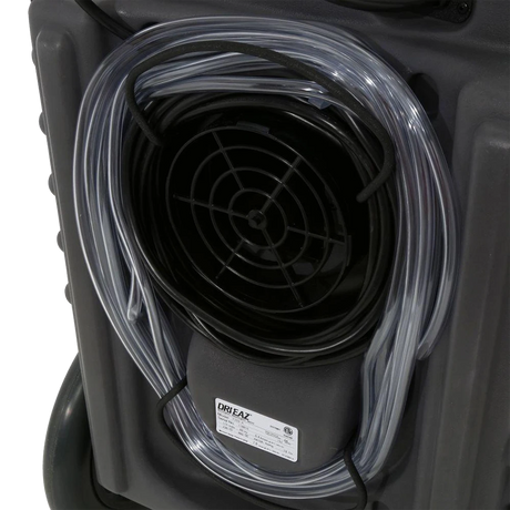 Black air filter with clear pleated media inside a black housing, Driizair 1200 dehumidifier 