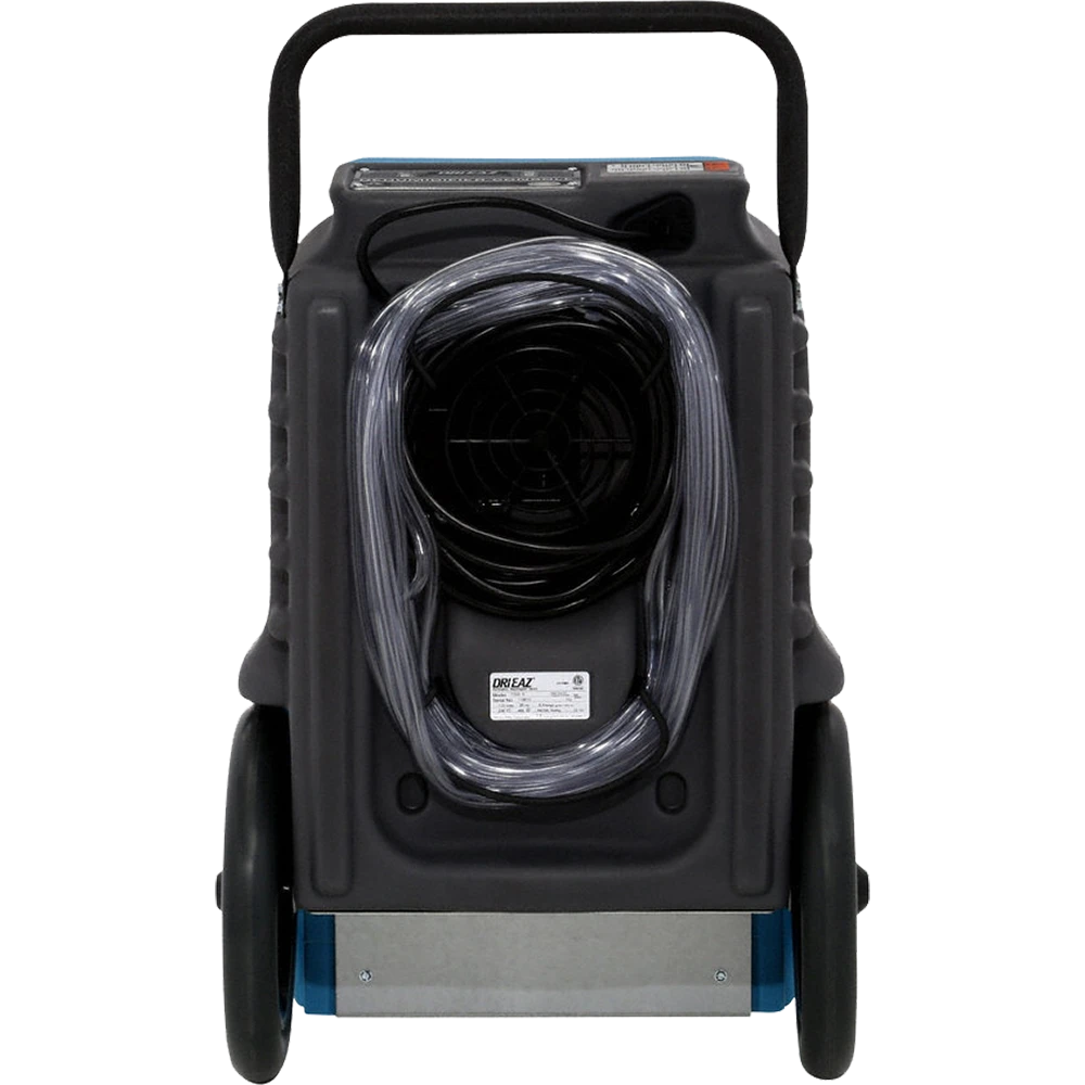Black and blue Driizair 1200 dehumidifier with a clear hose on a white background