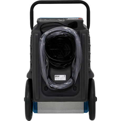 Black and blue Driizair 1200 dehumidifier with a clear hose on a white background