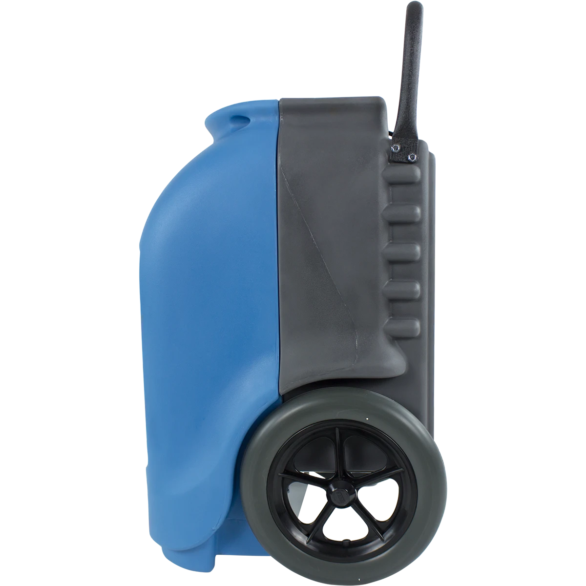 Blue and gray portable Driizair 1200 dehumidifier with a wheel on a white background