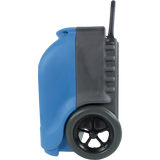Blue and gray portable Driizair 1200 dehumidifier with a wheel on a white background
