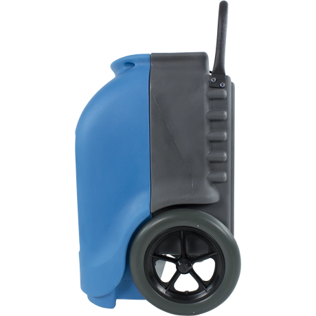 Blue and gray portable Driizair 1200 dehumidifier with a wheel on a white background