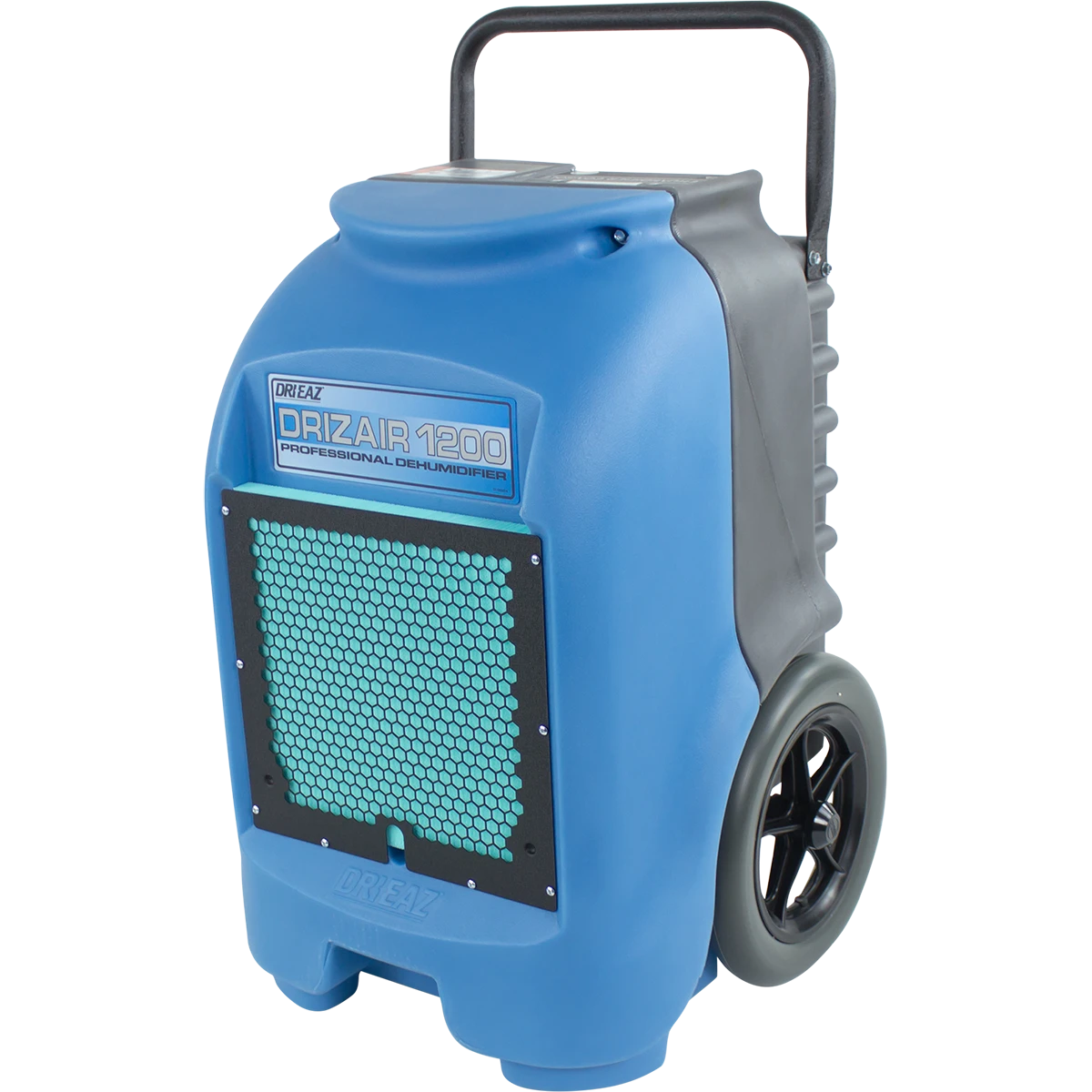 Blue and gray dehumidifier with a visible brand logo on a white background