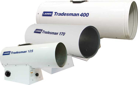 Three white Heater Forced Air LP 125K BTU LB with different model numbers on a white background.