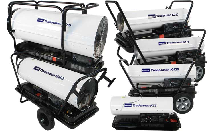 Set of Tradesman portable heaters on carts with visible branding.