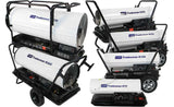 Set of Tradesman portable heaters on carts with visible branding.