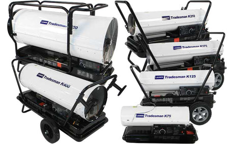 Set of Tradesman portable heaters on carts with visible branding.