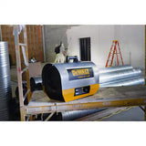 DeWalt air mover on a construction site with rolls of duct tape and a ladder in the background.