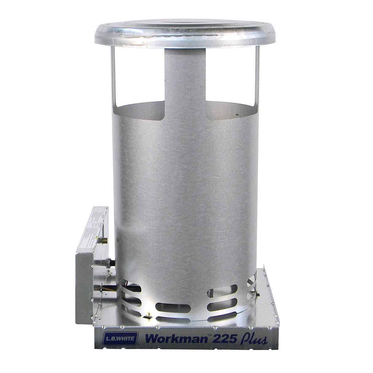 Metallic cylindrical heating device with 'Workman 225 Plus' branding on a white background