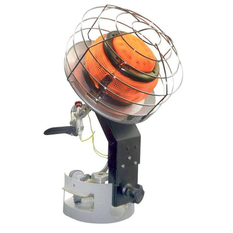 Portable electric heater with orange heating element on a white background