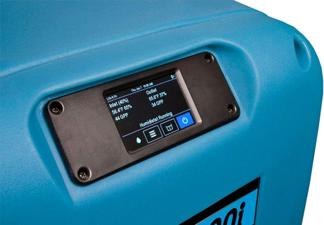 Blue dehumidifier with a digital display panel on a white background