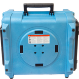 Blue portable air scrubber with black handle and wheels on a white background
