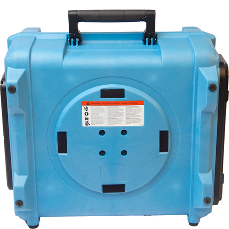 Blue portable air scrubber with black handle and wheels on a white background