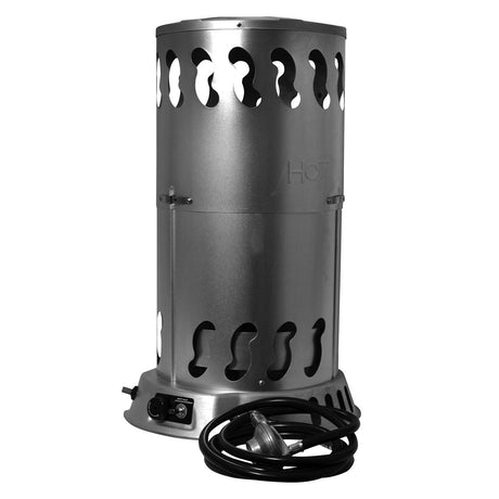 Metal outdoor heater with cylindrical design on a white background
