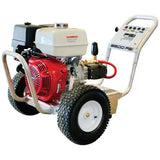 A red and white direct drive pressure washer with 3500 PSI capability, featuring a gasoline engine, large wheels for mobility, and an ergonomic handle.