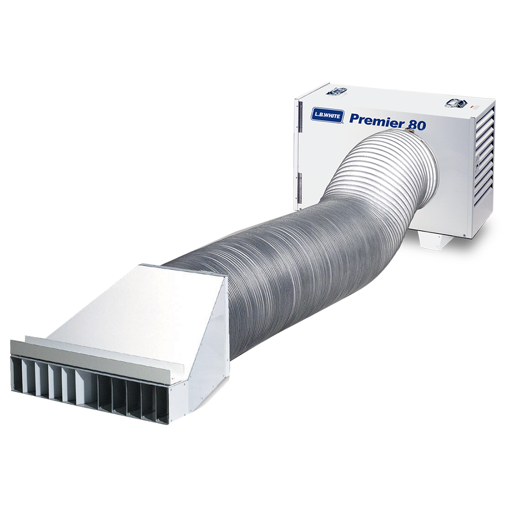Ventilation duct with a Tent Heater LP 80K BTU LB on a white background