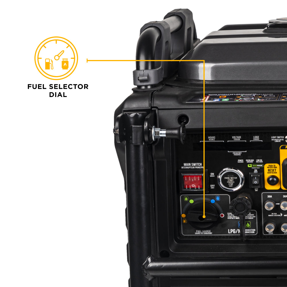 Black portable generator with fuel selector dial highlighted on a white background