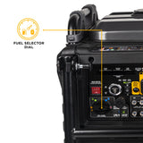 Black portable generator with fuel selector dial highlighted on a white background