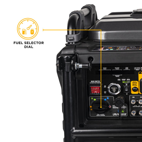 Black portable generator with fuel selector dial highlighted on a white background