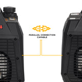 Two black electrical devices with a parallel connection capability diagram on a white background