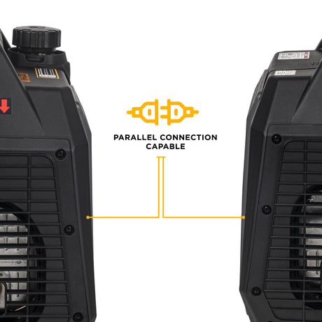 Two black electrical devices with a parallel connection capability diagram on a white background