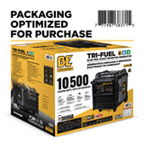 Tri-Fuel electric start inverter generator packaging with branding and specifications.
