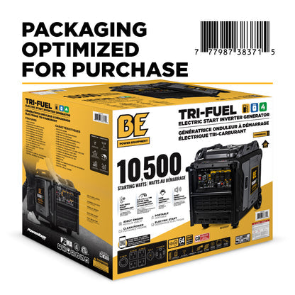 Tri-Fuel electric start inverter generator packaging with branding and specifications.