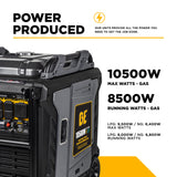 Portable power generator with BE logo and power specifications on a white background