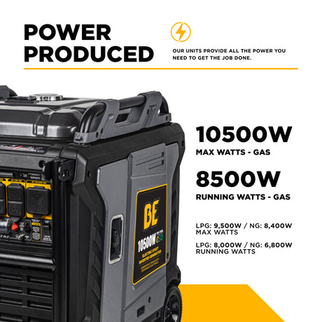 Portable power generator with BE logo and power specifications on a white background