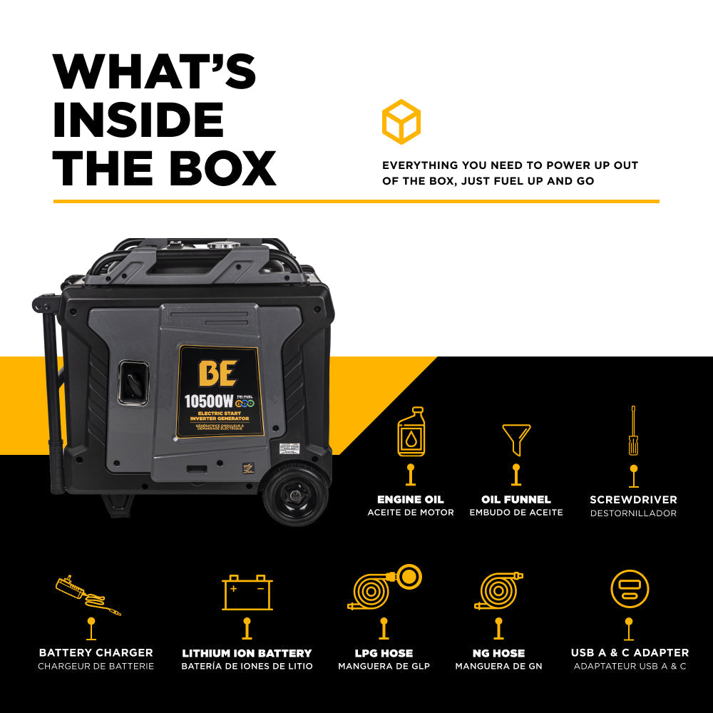 Portable power station with list of included items on a white and black background