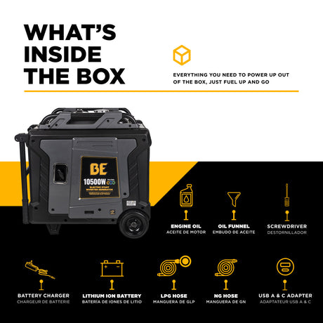 Portable power station with list of included items on a white and black background