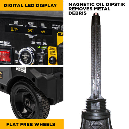 Power generator with digital LED display, magnetic oil dipstick, and flat free wheels on a white background.