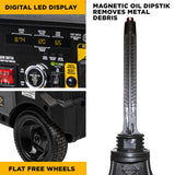 Power generator with digital LED display, magnetic oil dipstick, and flat free wheels on a white background.