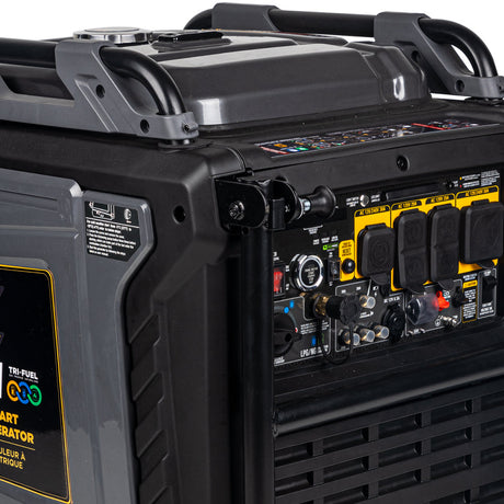 Close-up of a black and yellow portable generator with control panel details.