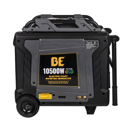 Black electric start inverter generator with visible branding on a white background