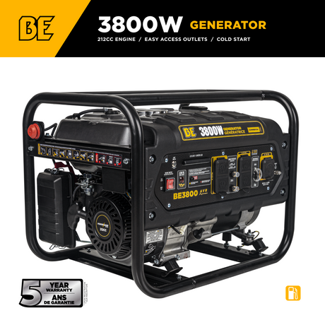 3800W generator with BE logo and specifications on a white background