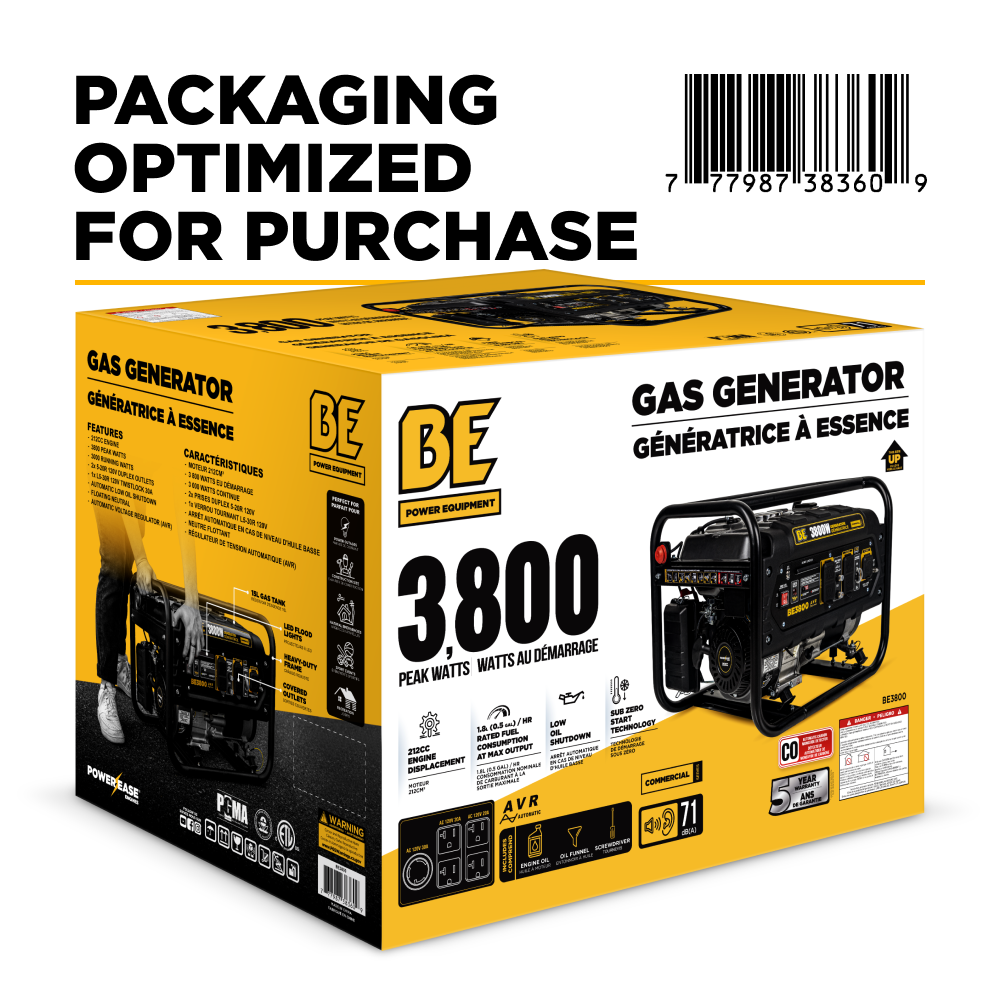 Box packaging of a gas generator with branding and specifications on a white background