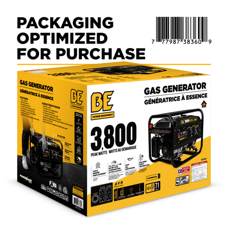 Box packaging of a gas generator with branding and specifications on a white background