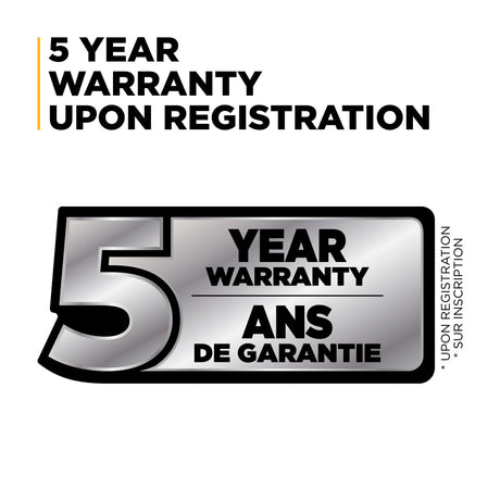 5 year warranty registration graphic with bilingual text on a white background