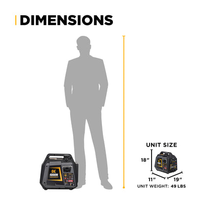 Portable generator dimensions shown with a person for scale on a white background