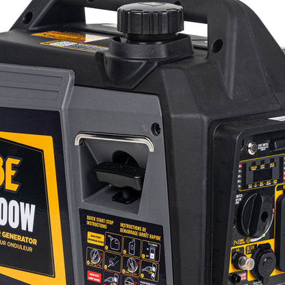 Black and yellow portable generator with visible branding and control panel.