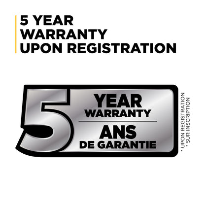 5 year warranty badge with text in English and French on a white background