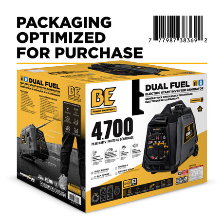 Box packaging of a dual fuel electric start inverter generator with BE logo and specifications.
