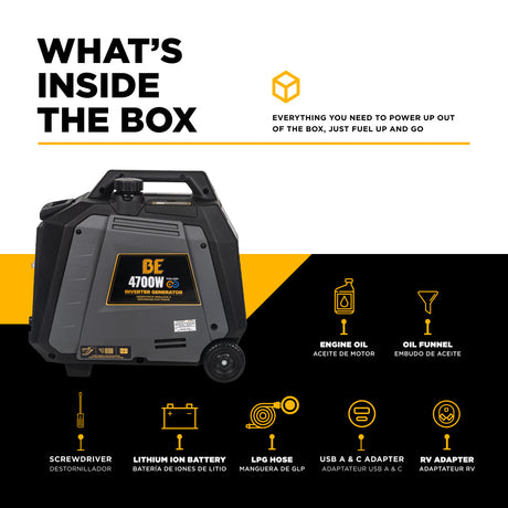 Inverter generator with list of included items on a white and black background