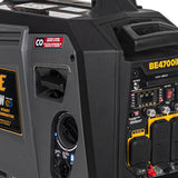 Close-up of a black and yellow generator with visible branding and labels.