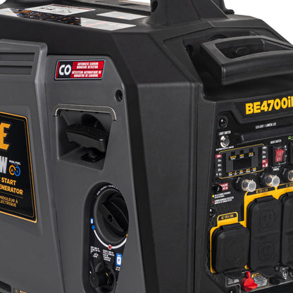 Close-up of a black and yellow generator with visible branding and labels.