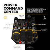 Control panel with labeled features and text about power command center