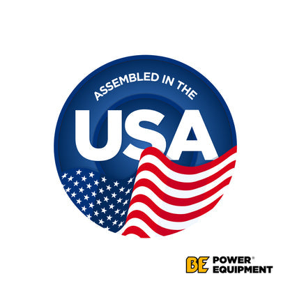Logo with 'Assembled in the USA' text and American flag, featuring BE Power Equipment branding.